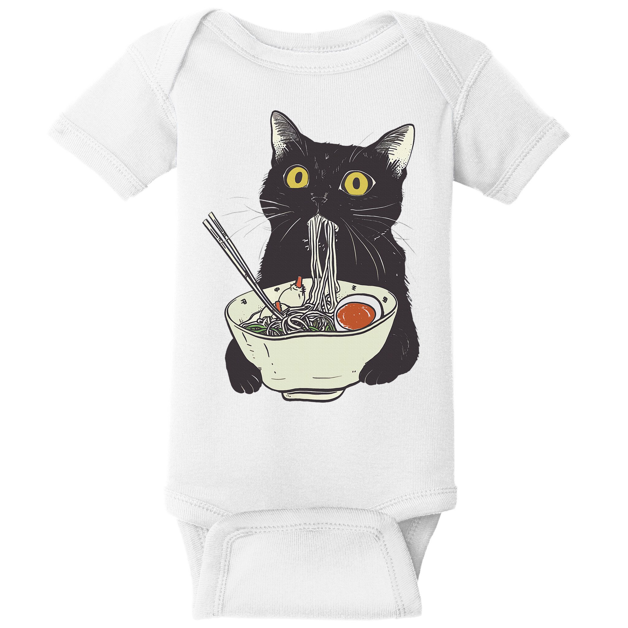 Funny Cat Eating Ramen Vintage Japanese Noodles Baby Bodysuit