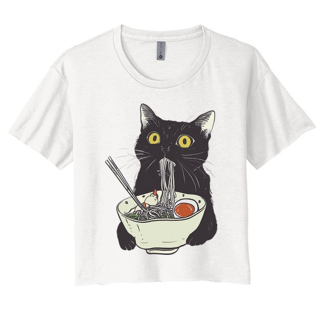 Funny Cat Eating Ramen Vintage Japanese Noodles Crop Top