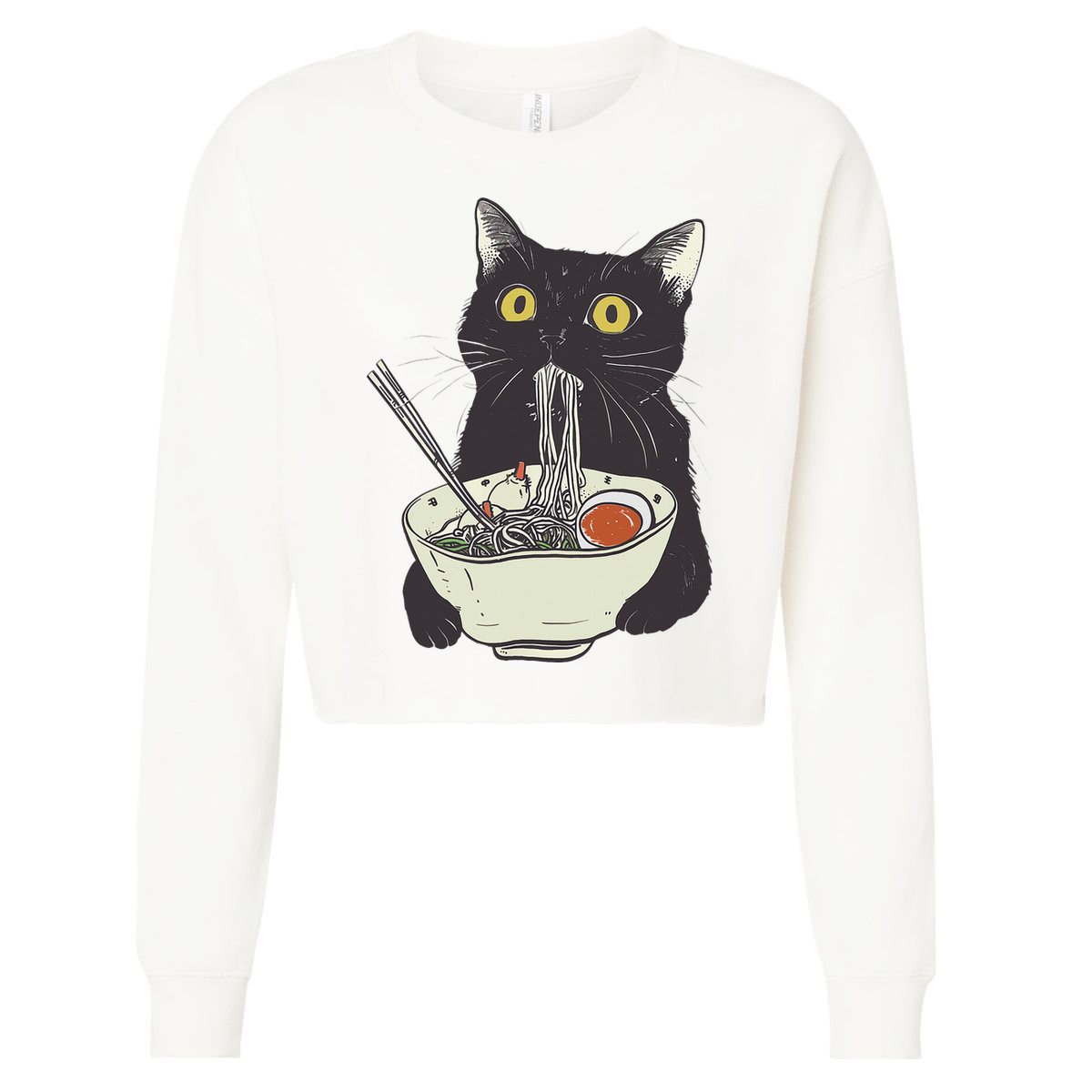 Funny Cat Eating Ramen Vintage Japanese Noodles Cropped Pullover Crew