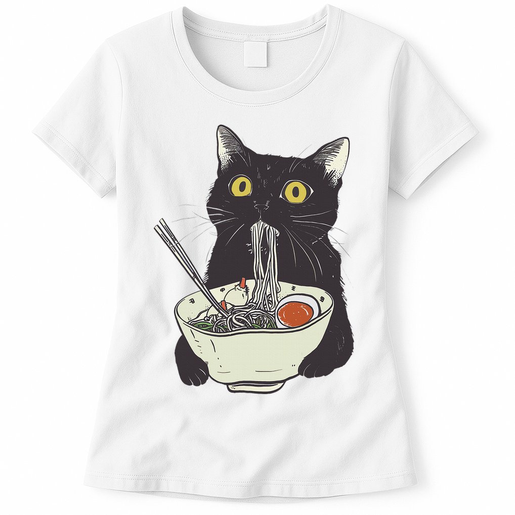 Funny Cat Eating Ramen Vintage Japanese Noodles Womens T-Shirt