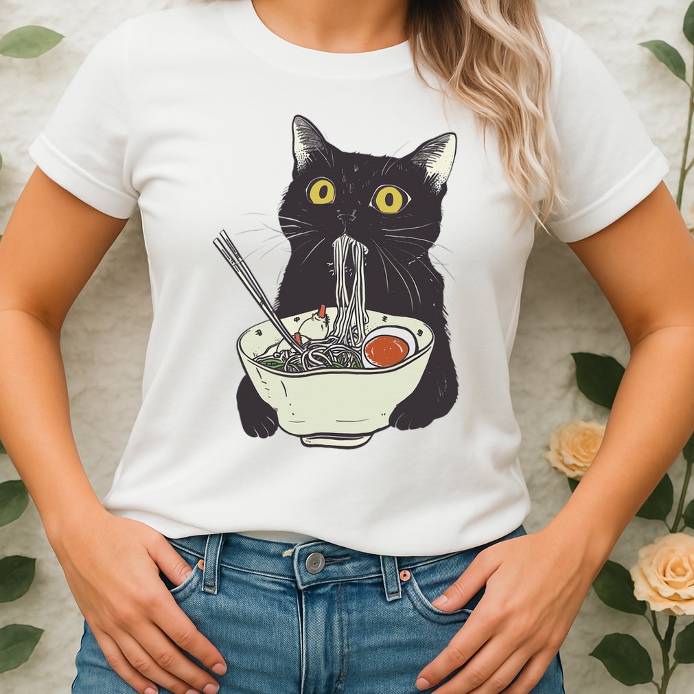 Funny Cat Eating Ramen Vintage Japanese Noodles Womens T-Shirt