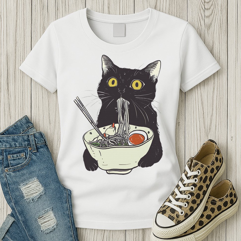 Funny Cat Eating Ramen Vintage Japanese Noodles Womens T-Shirt