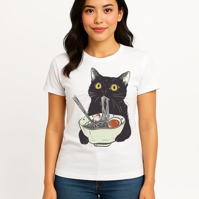 Funny Cat Eating Ramen Vintage Japanese Noodles Womens T-Shirt