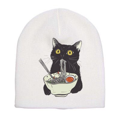 Funny Cat Eating Ramen Vintage Japanese Noodles Short Acrylic Beanie