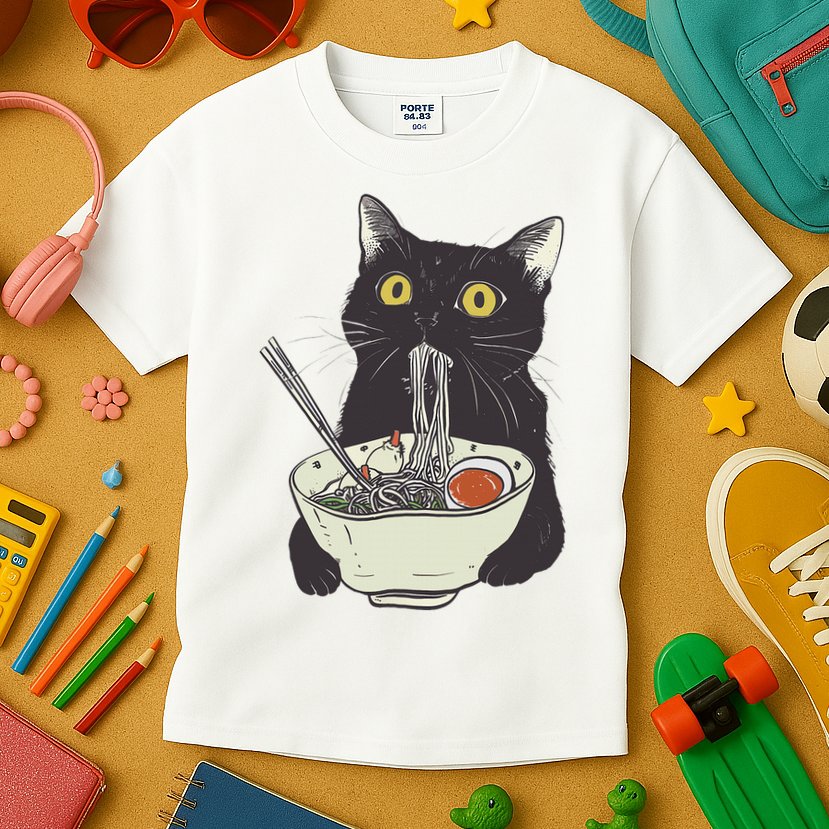 Funny Cat Eating Ramen Vintage Japanese Noodles Kids T-Shirt