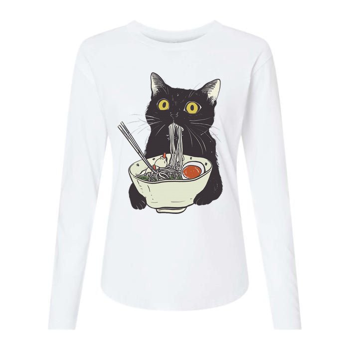 Funny Cat Eating Ramen Vintage Japanese Noodles Womens Cotton Relaxed Long Sleeve T-Shirt