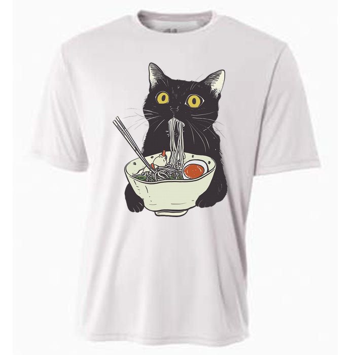 Funny Cat Eating Ramen Vintage Japanese Noodles Cooling Performance Crew T-Shirt