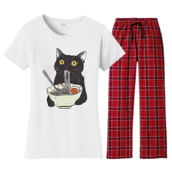 Funny Cat Eating Ramen Vintage Japanese Noodles Women's Flannel Pajama Set