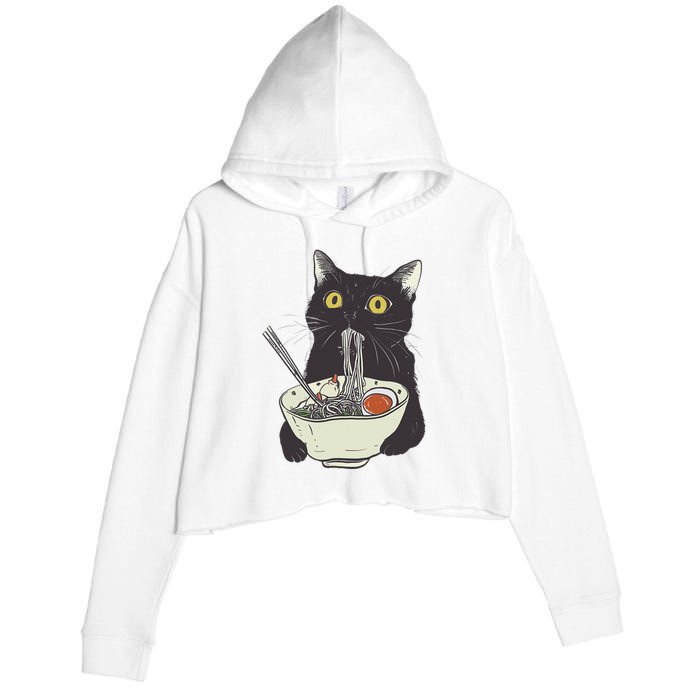 Funny Cat Eating Ramen Vintage Japanese Noodles Crop Fleece Hoodie