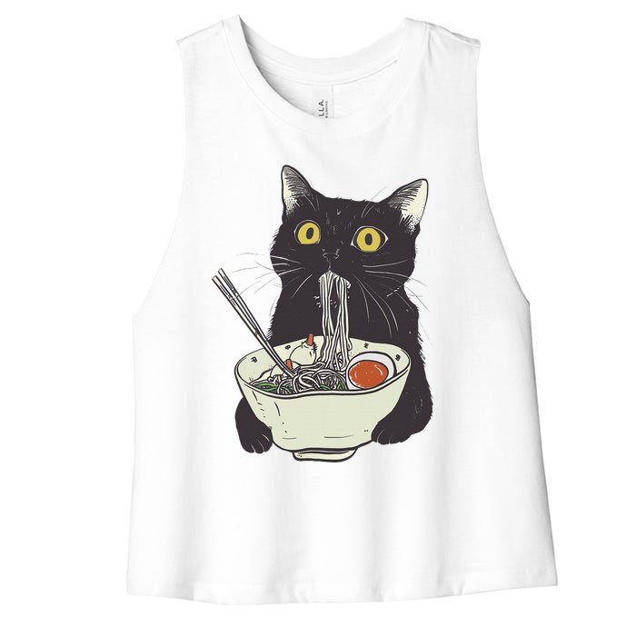 Funny Cat Eating Ramen Vintage Japanese Noodles Women's Racerback Cropped Tank