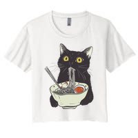 Funny Cat Eating Ramen Vintage Japanese Noodles Women's Crop Top Tee