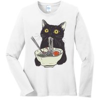 Funny Cat Eating Ramen Vintage Japanese Noodles Ladies Long Sleeve Shirt