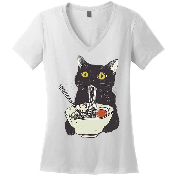 Funny Cat Eating Ramen Vintage Japanese Noodles Women's V-Neck T-Shirt