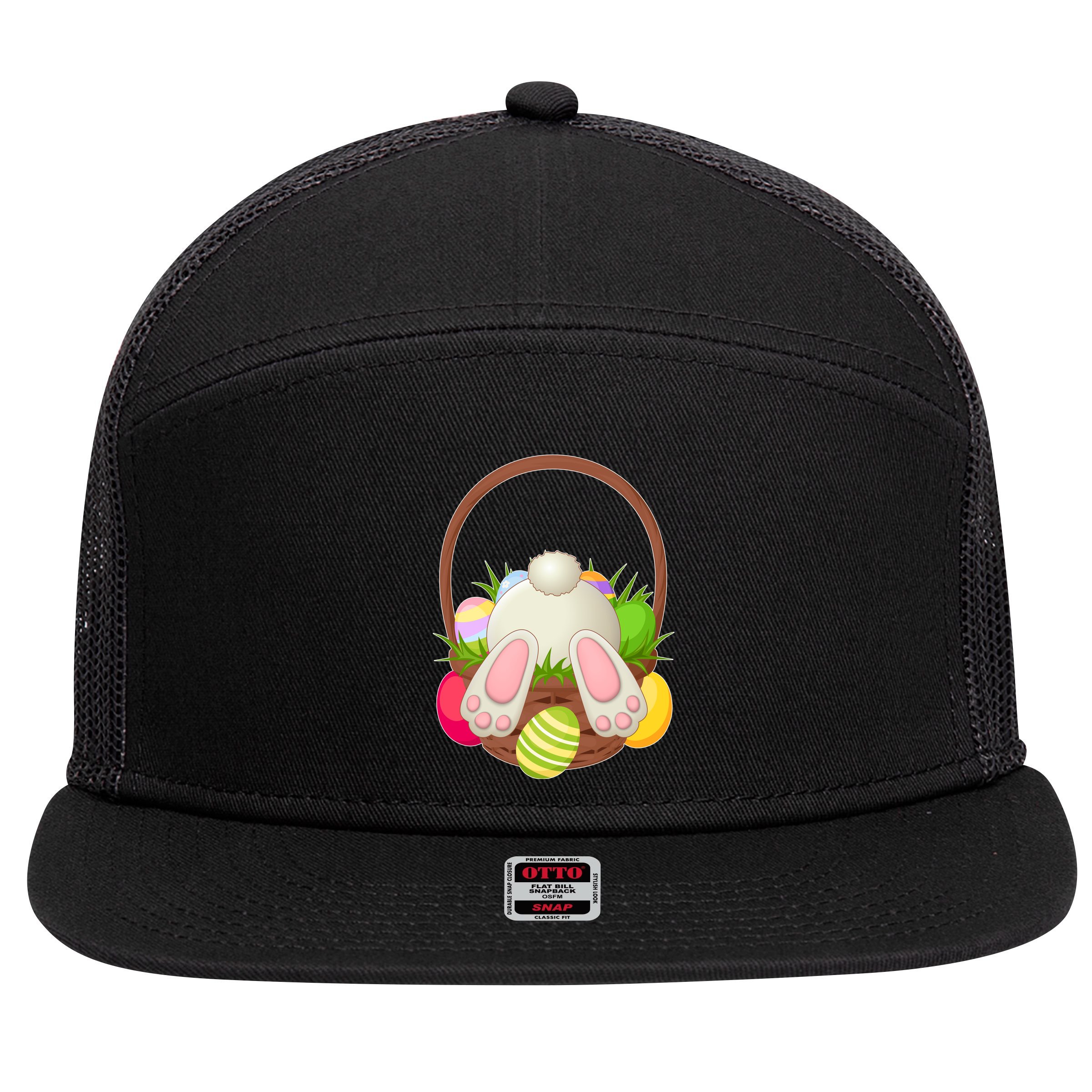 Funny Cute Easter Bunny Bottom Basket Easter Eggs 7 Panel Mesh Trucker Snapback Hat