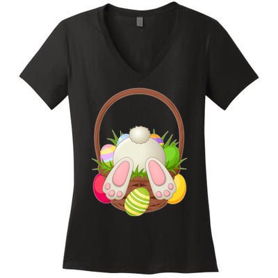 Funny Cute Easter Bunny Bottom Basket Easter Eggs Women's V-Neck T-Shirt
