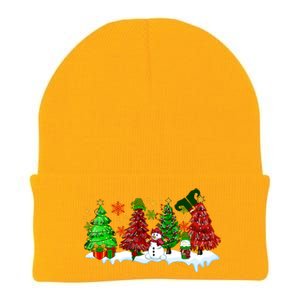 Funny Christmas Elf In Tree With Snowman Scene Knit Cap Winter Beanie