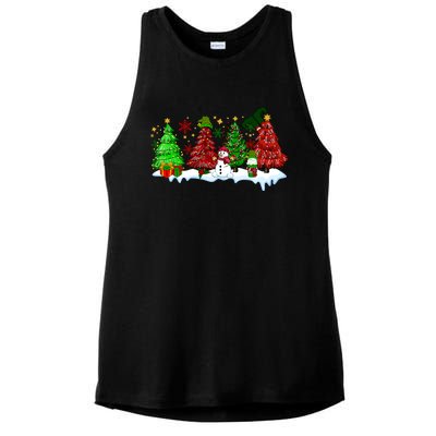 Funny Christmas Elf In Tree With Snowman Scene Ladies PosiCharge Tri-Blend Wicking Tank