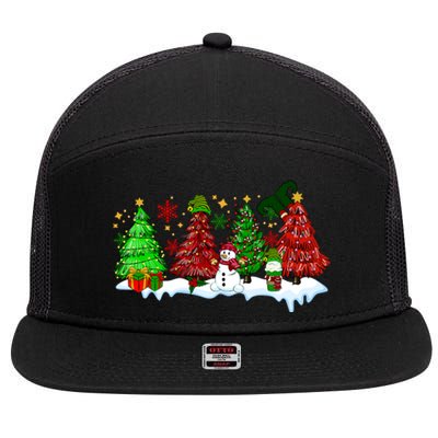 Funny Christmas Elf In Tree With Snowman Scene 7 Panel Mesh Trucker Snapback Hat