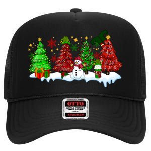 Funny Christmas Elf In Tree With Snowman Scene High Crown Mesh Back Trucker Hat