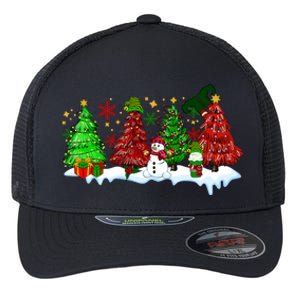 Funny Christmas Elf In Tree With Snowman Scene Flexfit Unipanel Trucker Cap