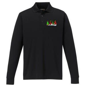 Funny Christmas Elf In Tree With Snowman Scene Performance Long Sleeve Polo