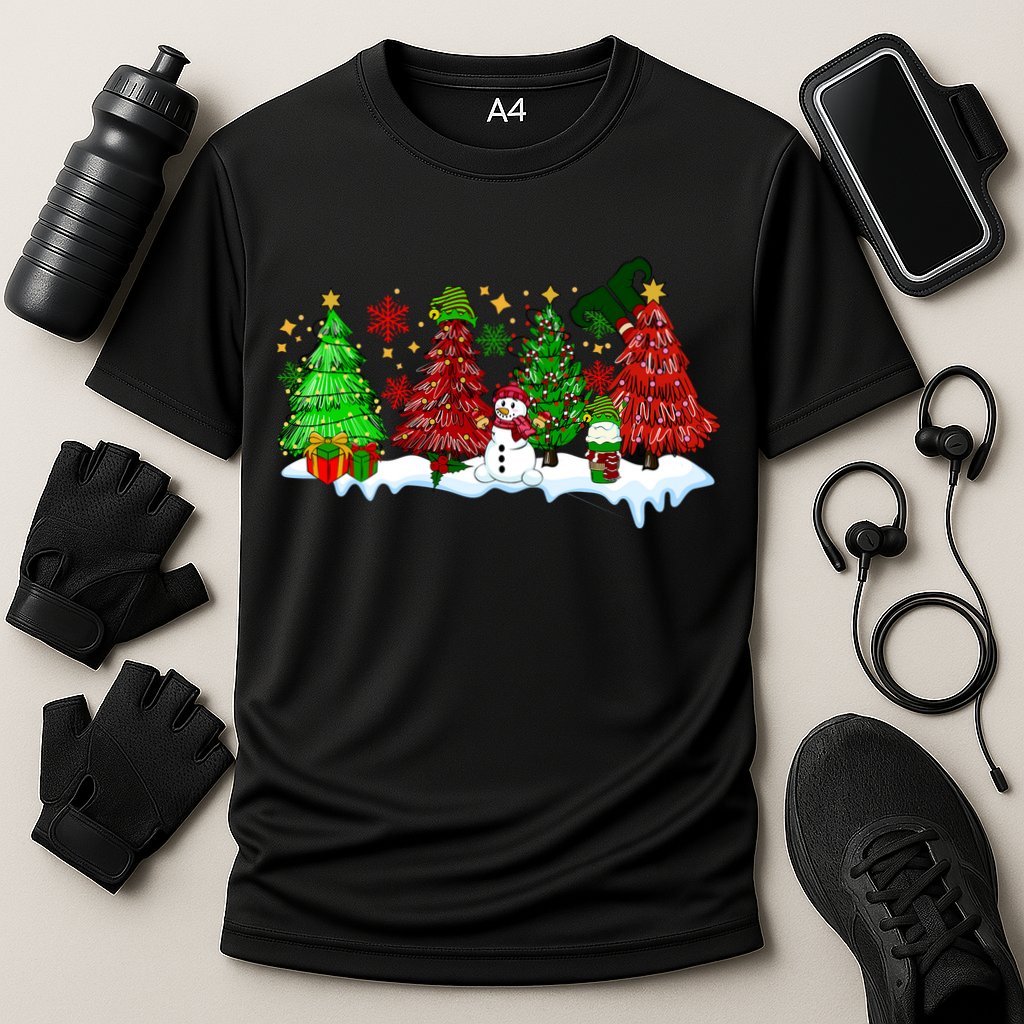 Funny Christmas Elf In Tree With Snowman Scene Performance Shirt