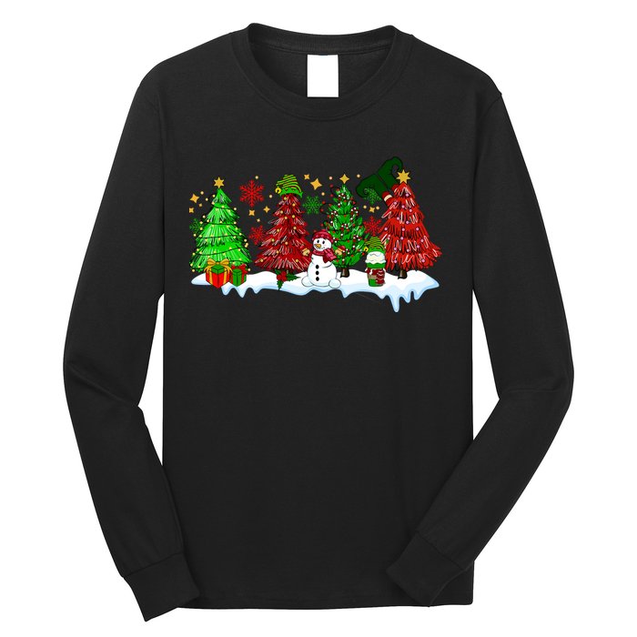 Funny Christmas Elf In Tree With Snowman Scene Long Sleeve Shirt
