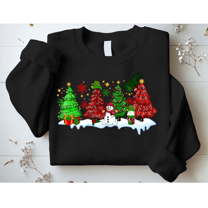 Funny Christmas Elf In Tree With Snowman Scene Sweatshirt