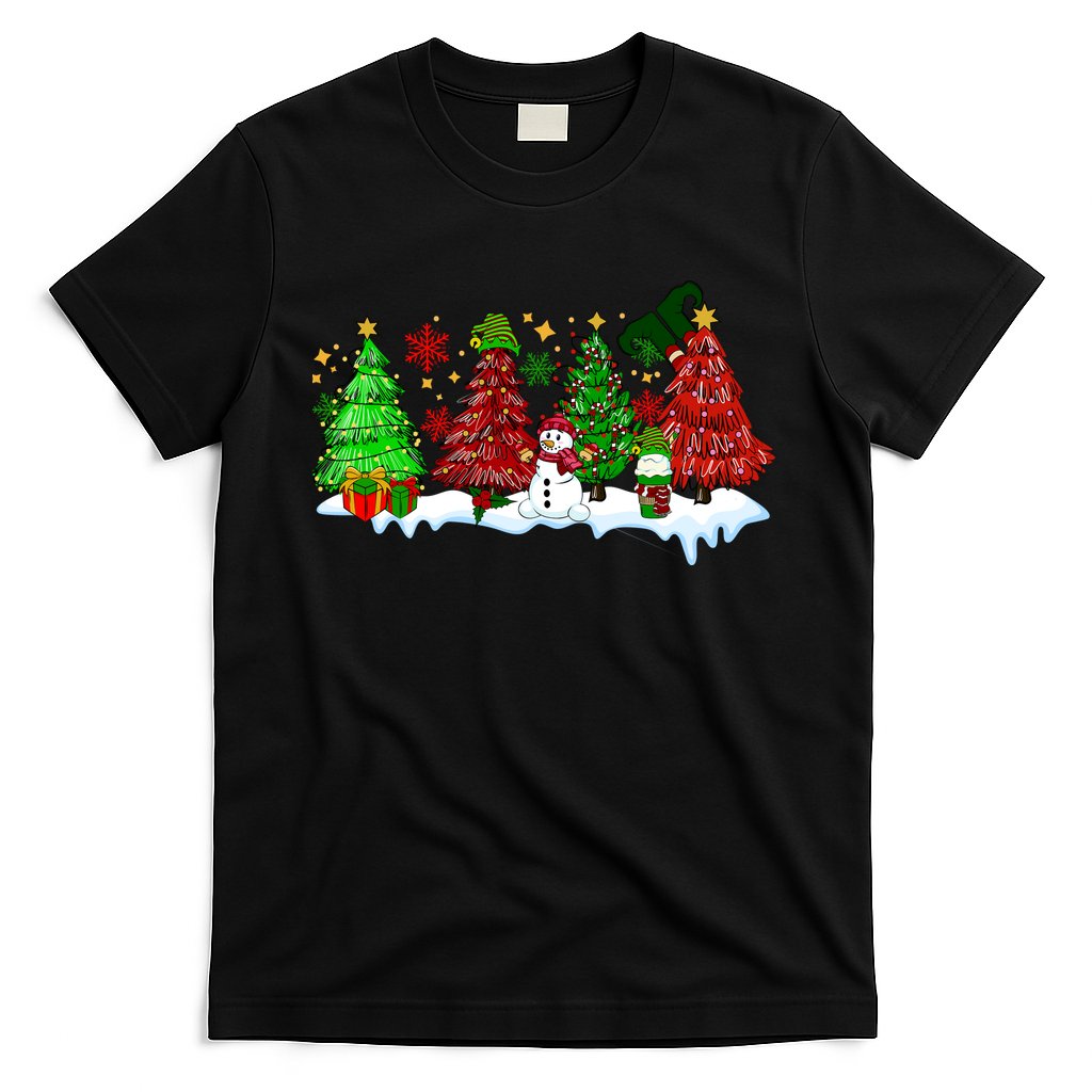 Funny Christmas Elf In Tree With Snowman Scene T-Shirt