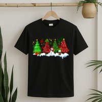 Funny Christmas Elf In Tree With Snowman Scene T-Shirt