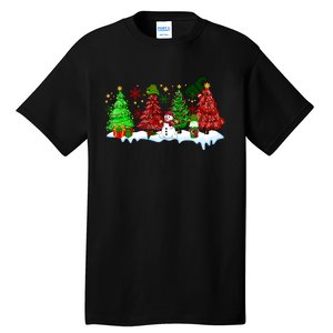 Funny Christmas Elf In Tree With Snowman Scene Tall T-Shirt