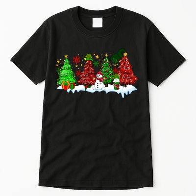 Funny Christmas Elf In Tree With Snowman Scene Tall T-Shirt