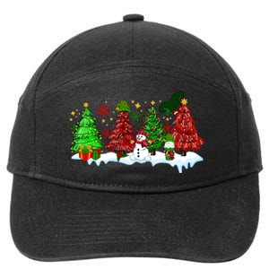 Funny Christmas Elf In Tree With Snowman Scene 7-Panel Snapback Hat