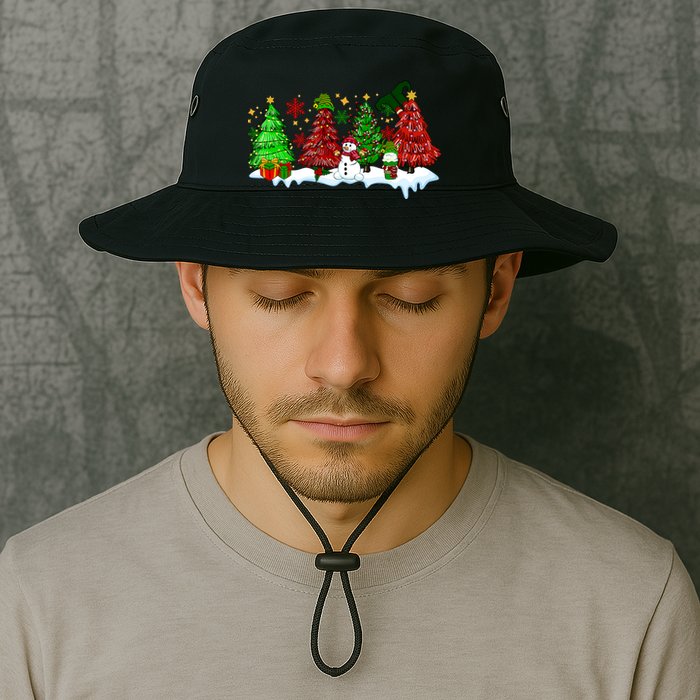 Funny Christmas Elf In Tree With Snowman Scene Bucket Hat