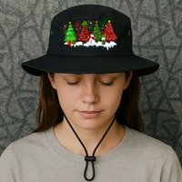 Funny Christmas Elf In Tree With Snowman Scene Bucket Hat