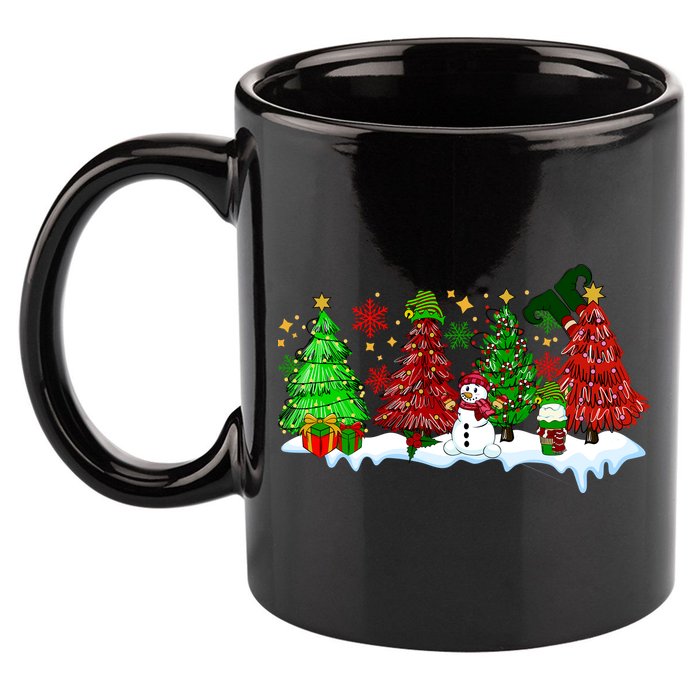 Funny Christmas Elf In Tree With Snowman Scene 11oz C Handle Ceramic Mug