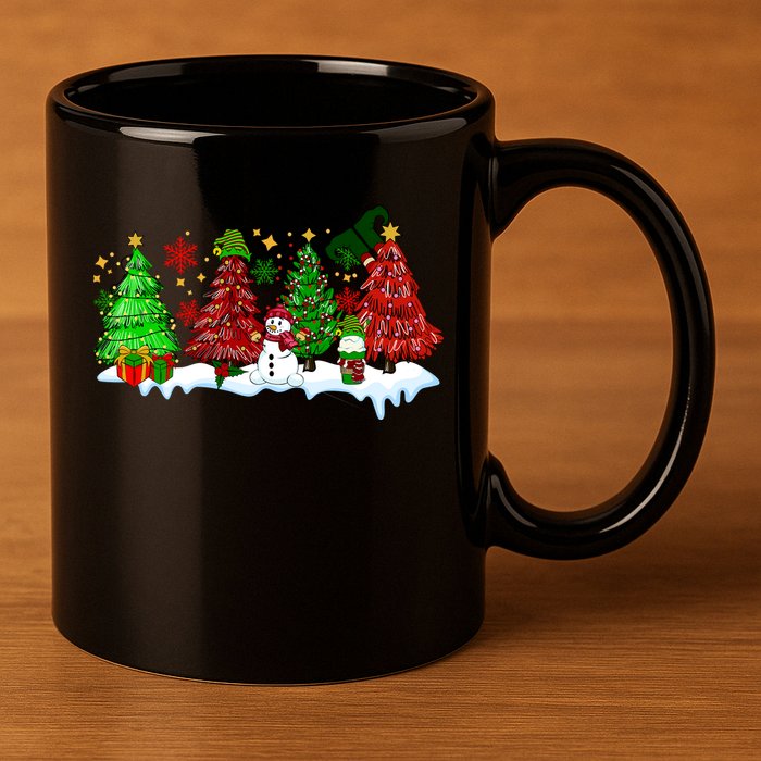 Funny Christmas Elf In Tree With Snowman Scene 11oz C Handle Ceramic Mug