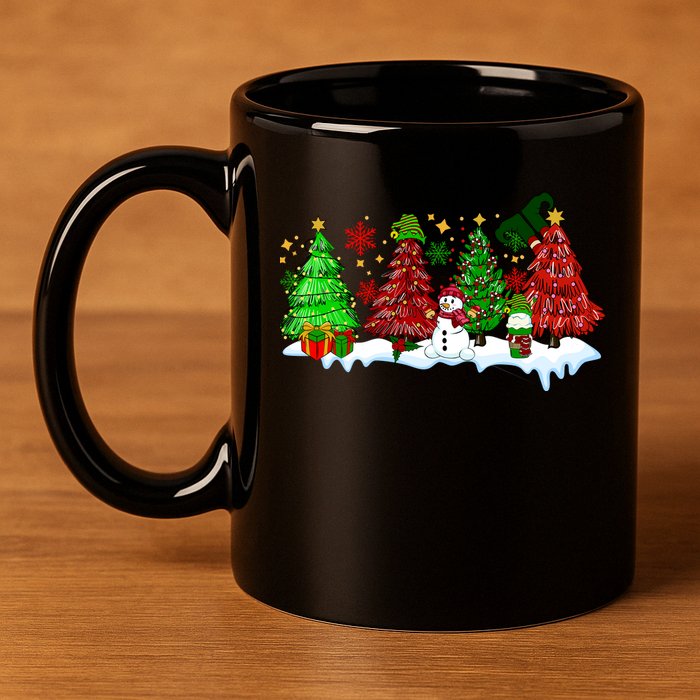 Funny Christmas Elf In Tree With Snowman Scene 11oz C Handle Ceramic Mug