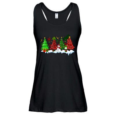 Funny Christmas Elf In Tree With Snowman Scene Ladies Essential Flowy Tank