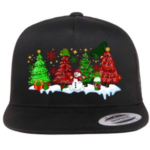 Funny Christmas Elf In Tree With Snowman Scene Flat Bill Trucker Hat