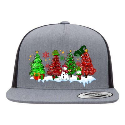 Funny Christmas Elf In Tree With Snowman Scene Flat Bill Trucker Hat