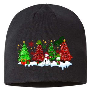 Funny Christmas Elf In Tree With Snowman Scene Sustainable Beanie