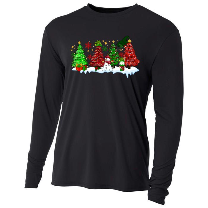 Funny Christmas Elf In Tree With Snowman Scene Cooling Performance Long Sleeve Crew