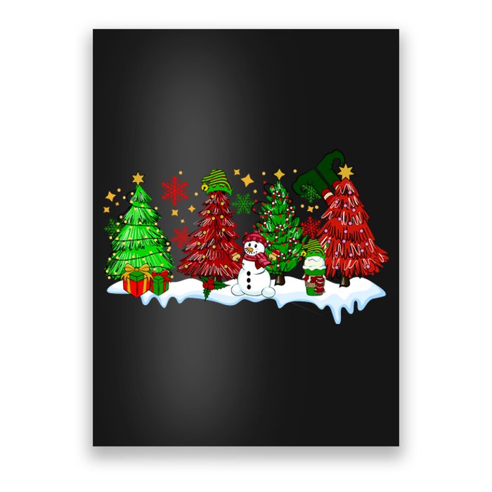 Funny Christmas Elf In Tree With Snowman Scene Poster