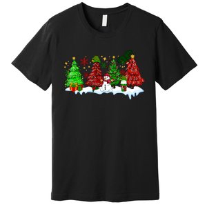 Funny Christmas Elf In Tree With Snowman Scene Premium T-Shirt