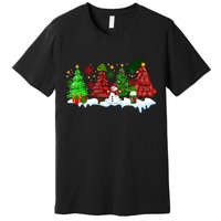 Funny Christmas Elf In Tree With Snowman Scene Premium T-Shirt