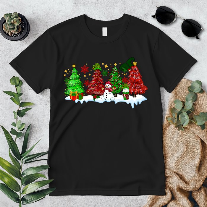 Funny Christmas Elf In Tree With Snowman Scene Premium T-Shirt