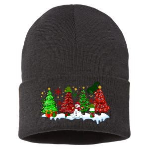 Funny Christmas Elf In Tree With Snowman Scene Sustainable Knit Beanie