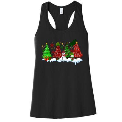 Funny Christmas Elf In Tree With Snowman Scene Women's Racerback Tank