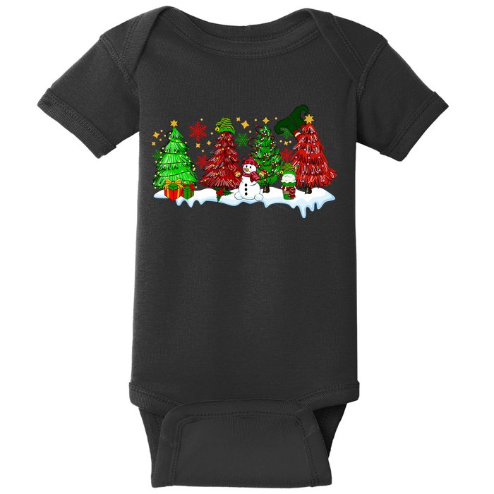 Funny Christmas Elf In Tree With Snowman Scene Baby Bodysuit